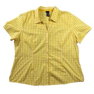 Basic Editions Yellow White Gingham Short Sleeve Button Down Shirt Womens XXL